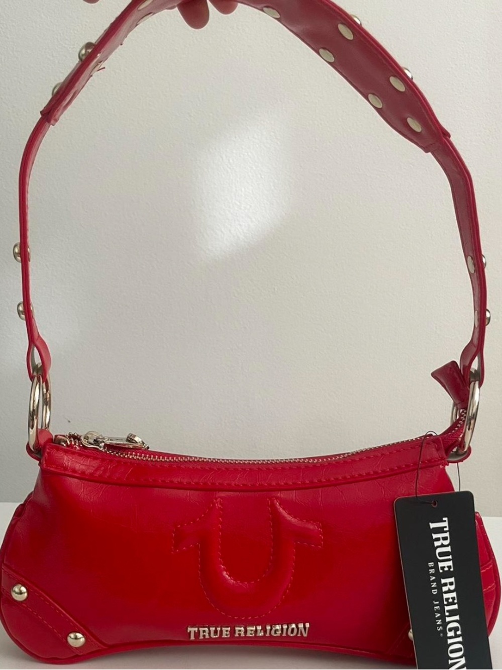 True Religion Red Stud-Accent Shoulder Bag